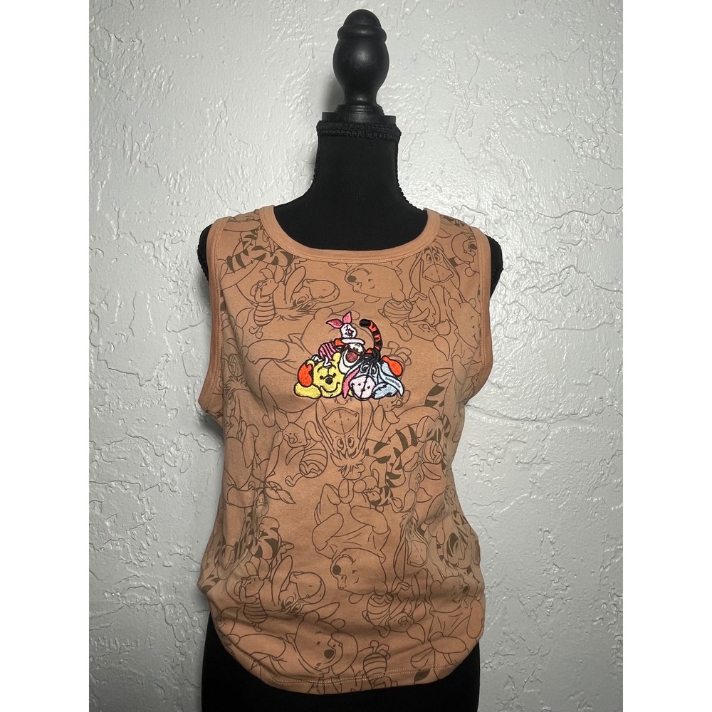 Disney Winnie the Pooh Tank Top Womens L Brown Embroidered Characters Y2K